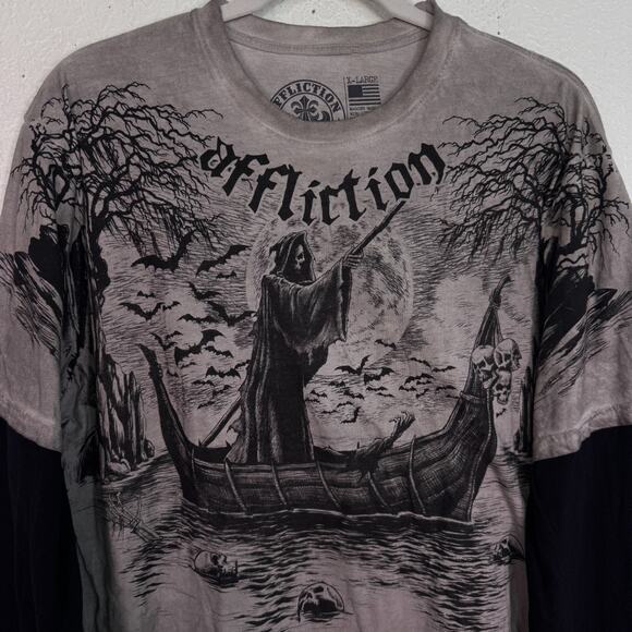 Affliction Shirt Mens XL River Styx 2fer Grim Reaper Graphic Tee Grunge Punk - Picture 4 of 11